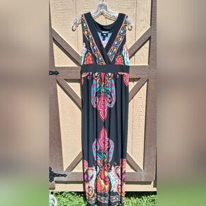 AB Studio Black Maxi Dress with Pink, Turquoise & Gold Paisley Accents